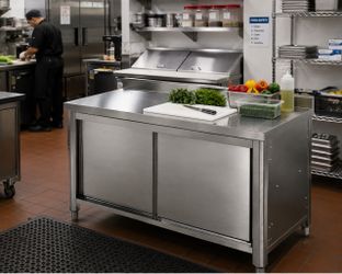 commercial stainless steel work table with a sliding-door cabinet base and a small backsplash, typically used for food preparation in a restaurant kit