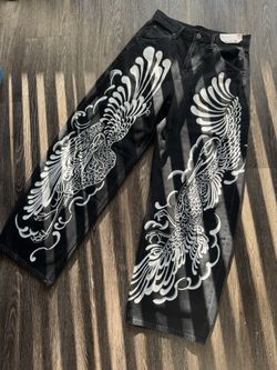 Denim Custom Jeans, Black Jeans Hand Painted, Tiger, Japanese Style, Streetwear Pants, Art Jeans