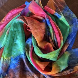 Scarf psychedelic 1970s multicolored silk tie-dye 33“ x 33“Scarf psychedelic 1970s multicolored silk tie-dye 33” x 33”