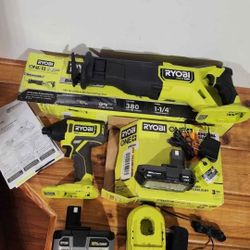 Ryobi 18V 'HP' sawzall, 1/4" impact driver, batteries, chargers