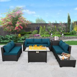Outdoor Furniture Sets 45 Inches Fire Table 6 PCS Patio Furniture Set Gas Fire Pit Table with Outdoor Storage Box Glass Coffee Table and Waterproof Co