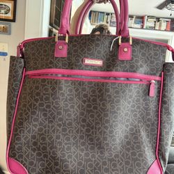 CK Calvin Klein XL Zipper Tote Weekender Travel Carryall Bag  Brown Pink Trim