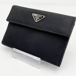 PRADA Tri-fold Wallet Black Nylon Saffiano Leather Silver