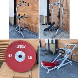 Squat Rack, Leg Press, Bumpers, Rowers, Pull Up/Dip Stations, Ab Machines, Barbells, Olympic Weight Plates