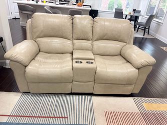 Cream Leather Power Reclining Loveseat with Console