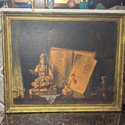 Classical style oil painting, still life with Buddha figure and books.
"27x34"