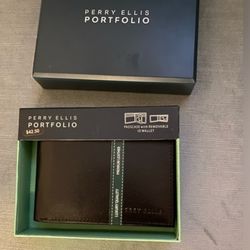 Stored For Years Brand New Unused Perry Ellis Portfolio Men's Brown Leather Michigan Slim Ombre Trifold Wallet