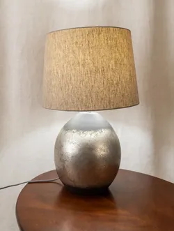 Large Table Lamp — Metallic Silver & Gold Round Base, Linen Shade