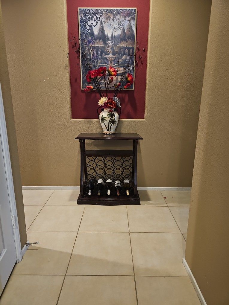 Wood Wine Rack With Flower Vase And Wall Decor