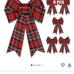 6 PCS Christmas Decor, 9" x 12" Large Christmas Bows, Red Black Buffalo Plaid Hanging Christmas Tree Bow PVC Big Indoor Outdoor Xmas Home Party Decor 