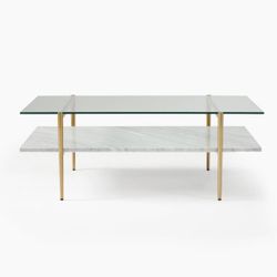 WEST ELM Mid-Century Art Display Marble Coffee Table (46")   Overall: 46"w x 26.1"d x 17"h. Bottom shelf: 46"w x 24"d. Shelf spacing: 6.6". Clearance 