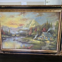 Wallart Decoration Framed Landscape Painting – Cozy Cottage by the Lake – Signed “I. Parkman”