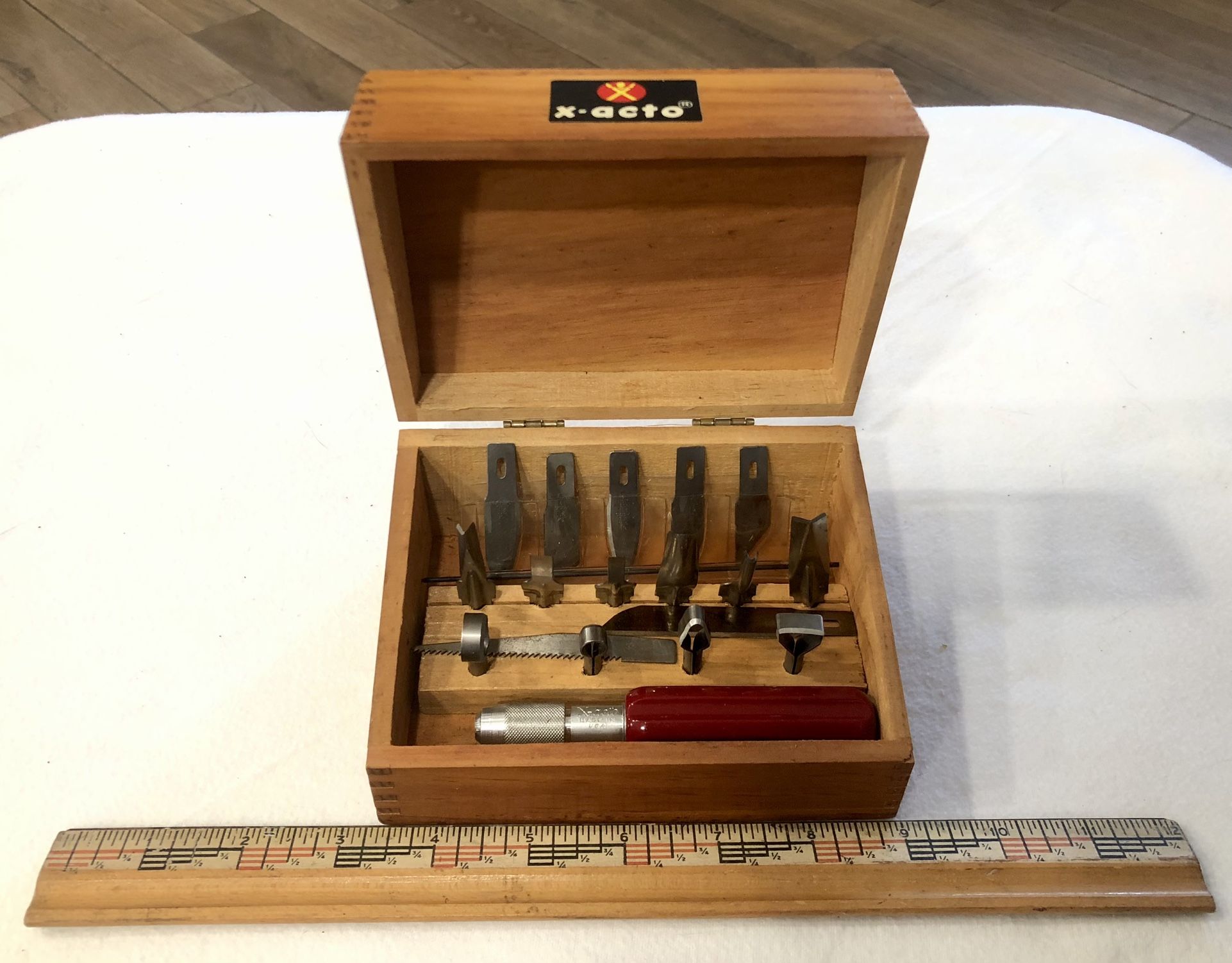 Vintage X-Acto Knife/Tool Set in Dove Tail Wood Box with Hinges