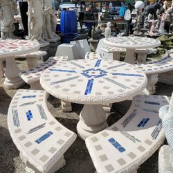 Concrete Mosaic Picnic Table with 3 Benches/ Outdoor Patio Furniture