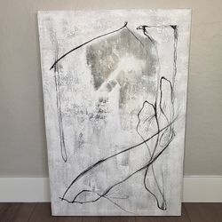 36x24 LARGE Modern Hand Painted White Grey And Black Textured Canvas Wall Art