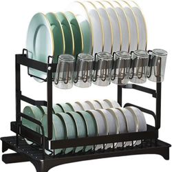 Dish Drying Rack, Stainless Steel 2 Tier Utensil Holder with Drainage, Foldable Dish Drainer for Kitchen Countertops (Black)