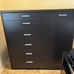 Dark Wood Chest With 6 Drawers And Side Shelves
