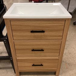 Mshliw 24 Inch Bathroom Vanity with Ceramic Sink, Modern Freestanding Cabinet with 3 Drawers