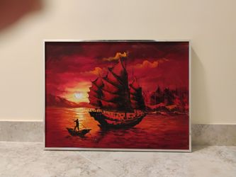 Vintage Chinese Junk Ship Oil on Canvas