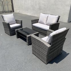 New in box $295 Outdoor 4pcs Patio Wicker Set, Rattan Sofa Loveseat 48x26”, Armest Chair 29x26”,  Table 34x20” 