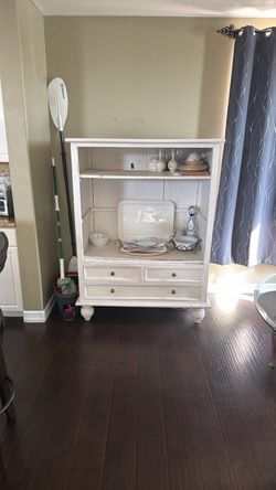 White Wood Cabinet with Shelves and Drawers
