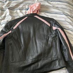 Female Motorcycle Jacket With Thin Pink Hoodie 