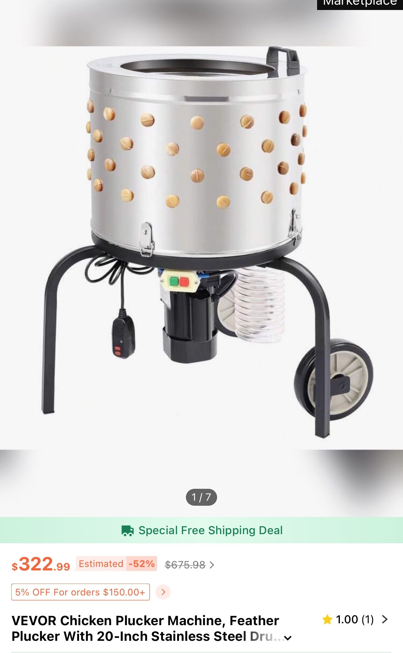 VEVOR Chicken Plucker Machine, Feather Plucker With 20-Inch Stainless Steel