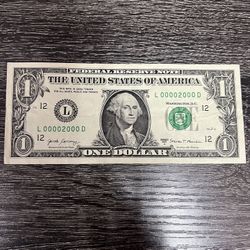 L00002000D Seriel Number $1 Bill