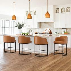 .26 in. YellowBrown Linen Fabric Upholstered Counter Stool Kitchen Island Bar Stool with Metal Frame