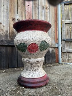 Large Hand Made Mexican Terra Cotta Glazed Pot, Flower Pot Cactus Pot Mexican Art Red Flowers 22” H X 15” W