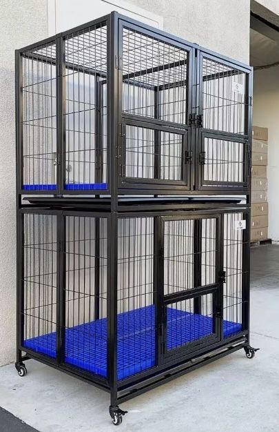 Dog Crate, 37”/50” Heavy Duty Stackable Dog Cage with Blue Floor & Wheels, Easy-Fold Cages $150-$299
