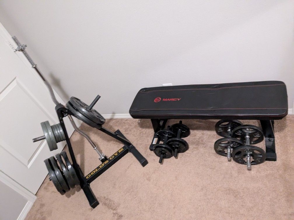 Home Weight Set (250lbs Plates/Barbells/Curl Bar/Bench/Tree)