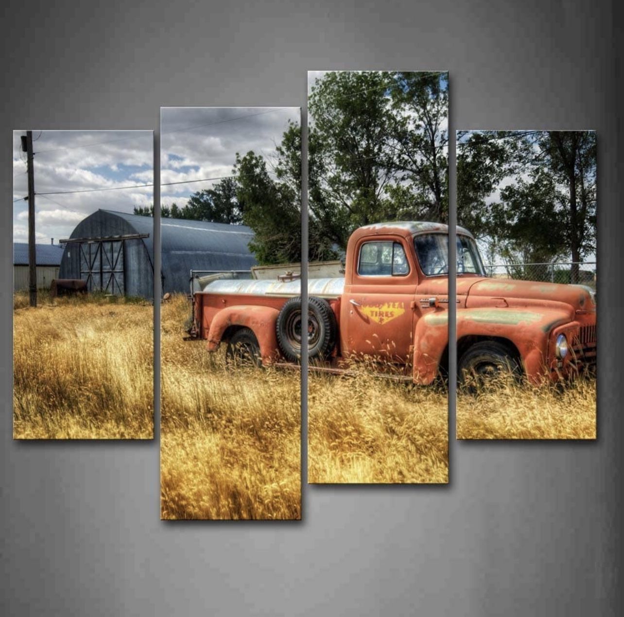 Brand New Old Truck Car Wall Art in Red and Trees and Dry Grasses in Field Wall Decor Painting Pictures Print