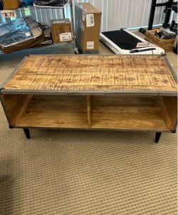 Industrial Coffee Table - Wood Top with Open Storage Cubbies - New