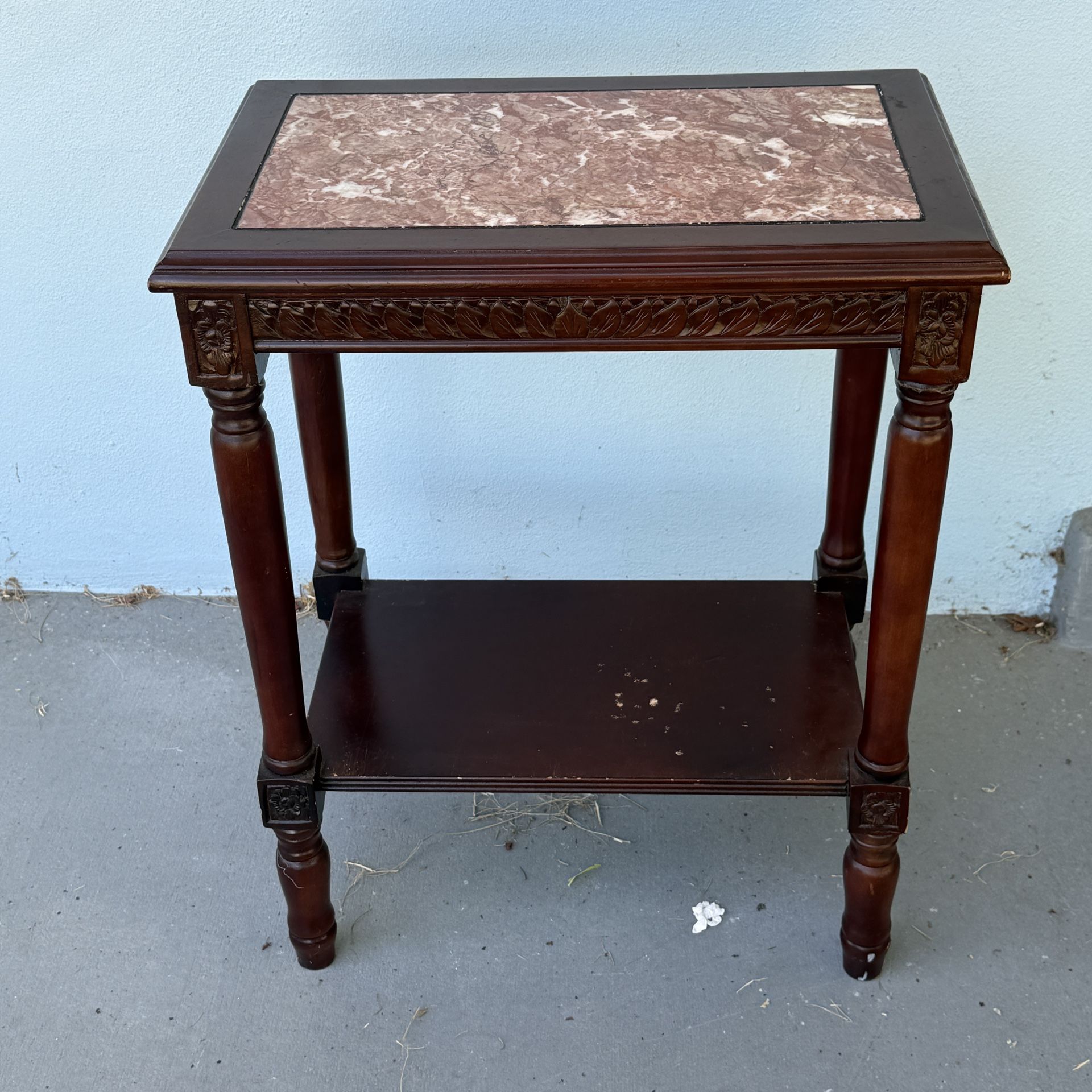 Vintage Marble-Top Side Table – Carved Wood, Needs TLC