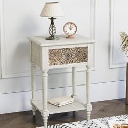HOMPUS End Table with Drawer and Shelf, Vintage Nightstand with Pattern Drawer, Wood Grain Bedside Table, Modern Side Table Small Accent Nightstand 