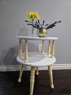 Vintage Round White Wooden Side Table with Shelf