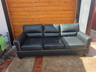 Black Faux Leather 3-Seat Sofa with Nailhead Trim
