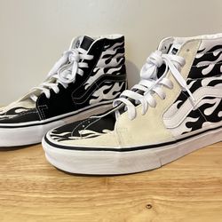 Vans, High Top, Black And White Flames, Size: 10.0 In Women 8.5 In Men