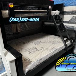 Black Bunk Bed Solid Pine Twin XL / Full With Mattresses 