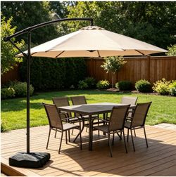 Ainfox 10ft Cantilever Offset Patio Umbrella with Sandbags Weighted Base and Cross Base - Outdoor Market Umbrella, Easy Tilt Adjustment, Khaki