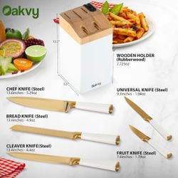Oakvy Gold Kitchen Knife Set with Block - 5 Piece Stainless Steel Knife Set, Gold Knives Set for Kitchen, Kitchen Knives Sets new selling for only $25