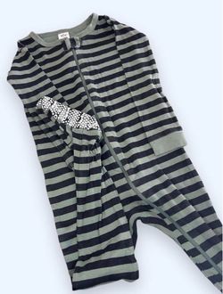 Sage green and black striped zip footed sleeper with grippy feet