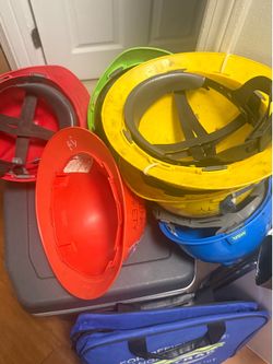 Railroad hard hats and watchman bag