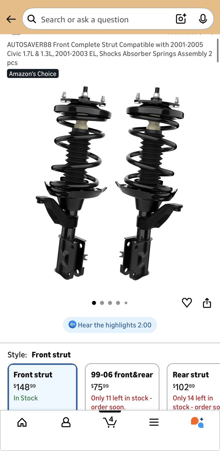 AUTOSAVER88 Front Complete Strut Compatible with 2001-2005 Civic 1.7L & 1.3L, 2001-2003 EL, Shocks Absorber Springs Assembly 2