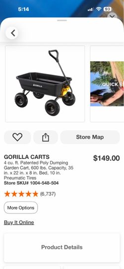 GORILLA CARTS 4 cu. ft. Patented Poly Dumping Garden Cart, 600 lbs. Capacity, 35 in. x 22 in. x 8 in. Bed, 10 in. Pneumatic Tires