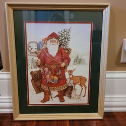 New Vintage Nadine Harper Christmas Print Green Matted & Framed Santa 18x22