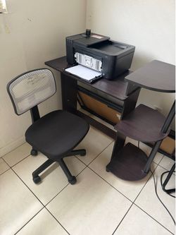 Desk, table, chairs