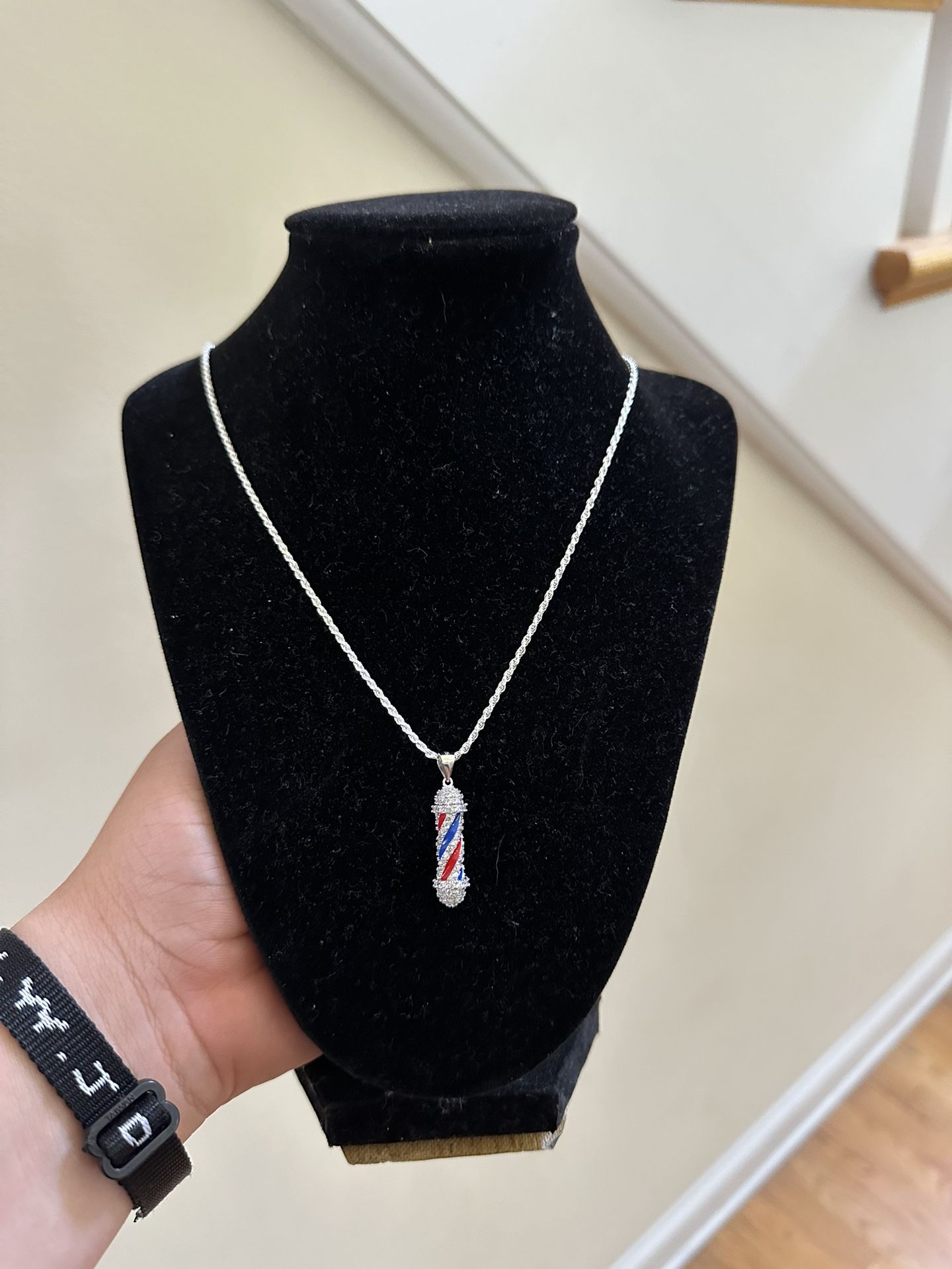 Sterling Silver Rope Chain And Barbershop Pole Pendant