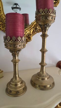 Pair of Ornate Brass Gothic Pillar Candleholders — Crown Detail, Burgundy Candles Included